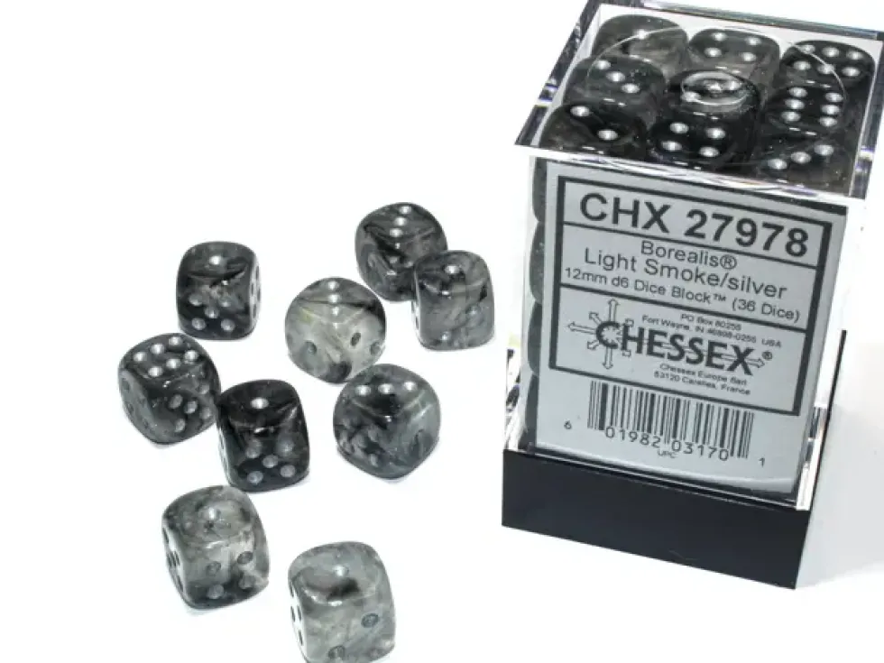 Borealis - Light Smoke/Silver (Luminary) - d6, 36 st (12 mm, prickar)