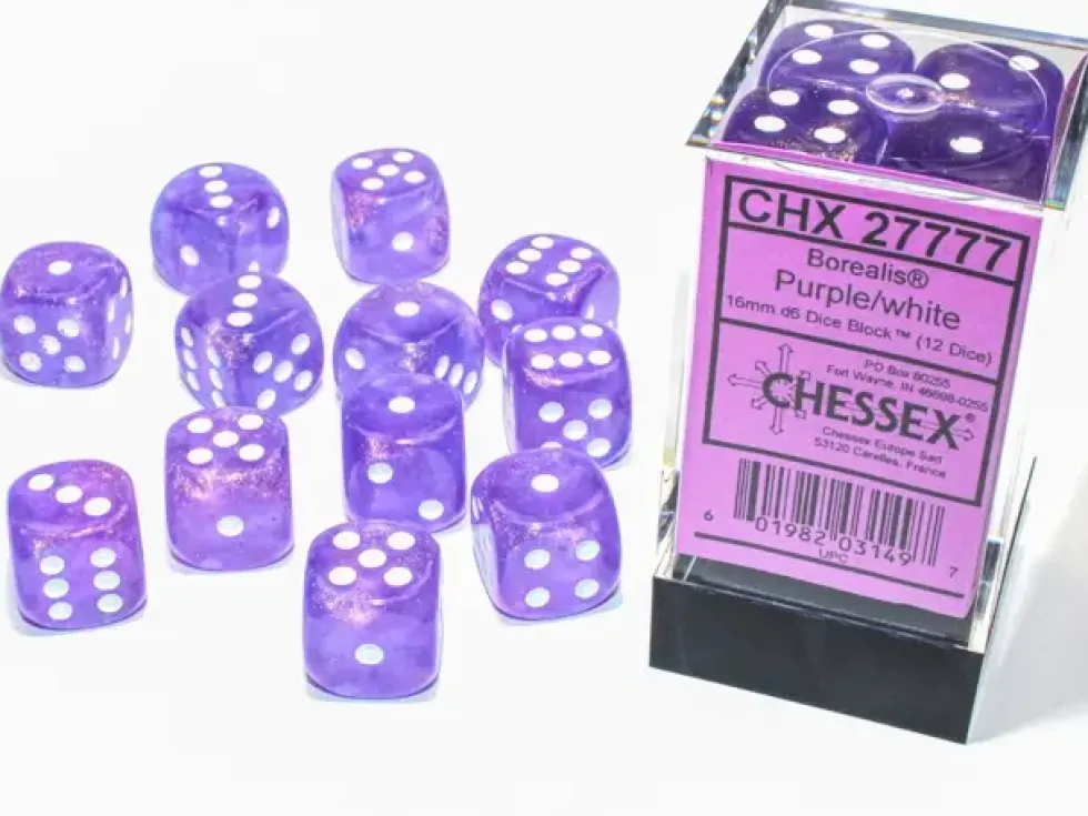 Borealis - Purple/White (Luminary) - d6, 12 st (16 mm, prickar)