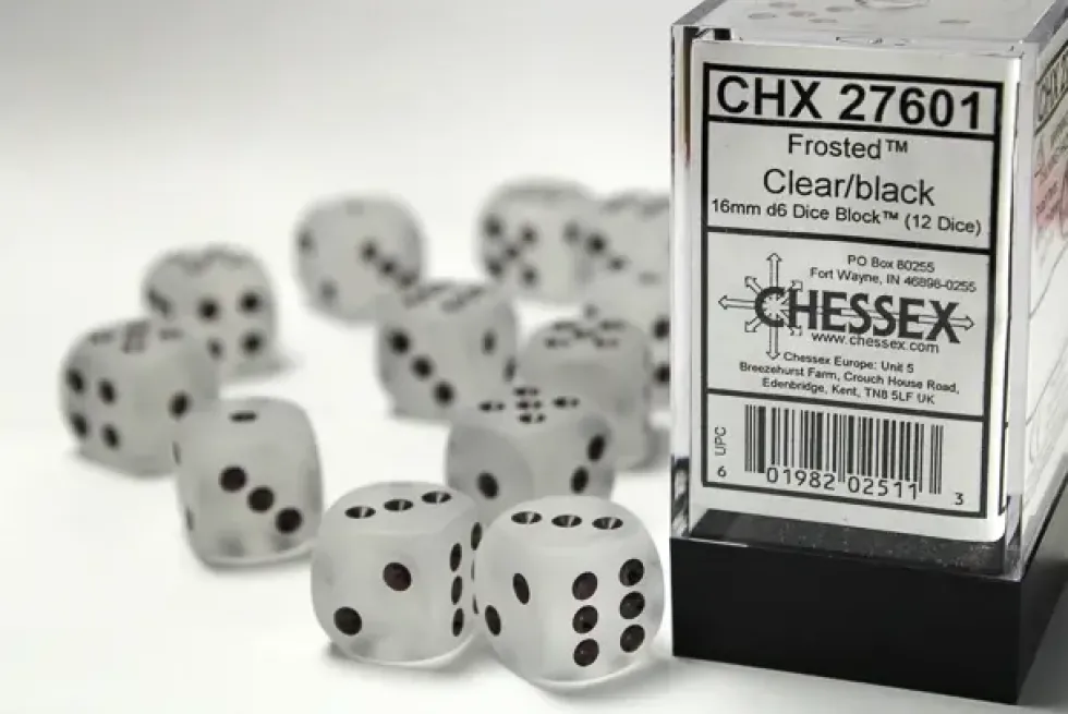 Frosted - Clear/Black - d6, 12 st (16 mm, prickar)