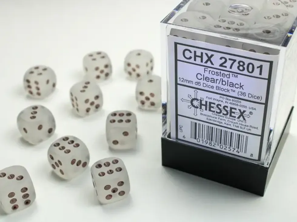 Frosted - Clear/Black - d6, 36 st (12 mm, prickar)