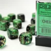 Gemini: Black-Green/Gold - d6, 12st (16 mm, prickar)