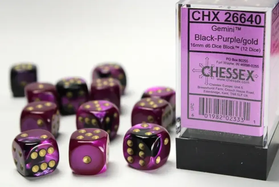 Gemini: Black-Purple/Gold - d6, 12st (16 mm, prickar)