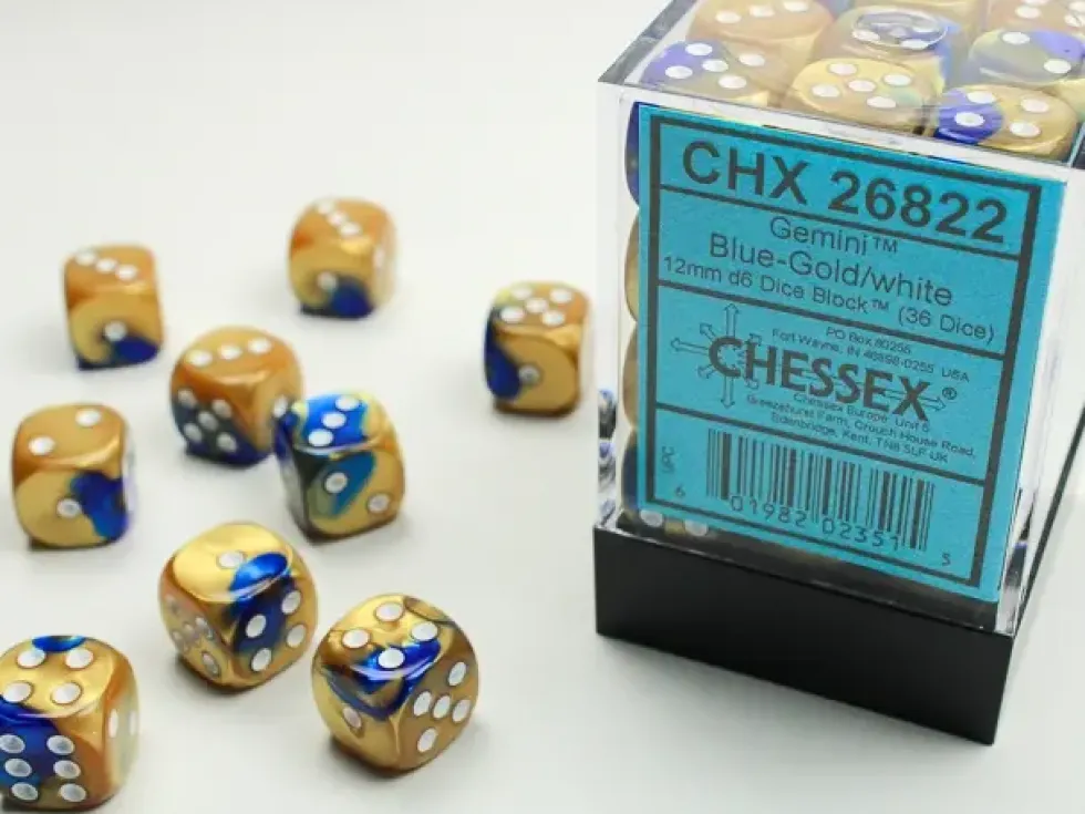 Gemini - Blue-Gold/White - d6, 36 st (12 mm, prickar)