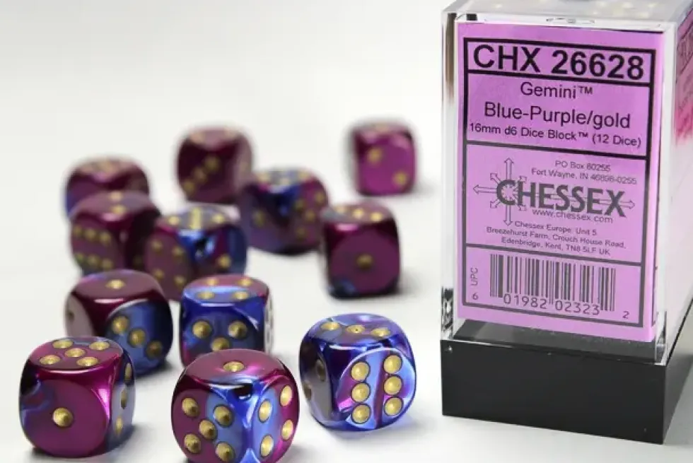Gemini - Blue-Purple/Gold - d6, 12st (16 mm, prickar)