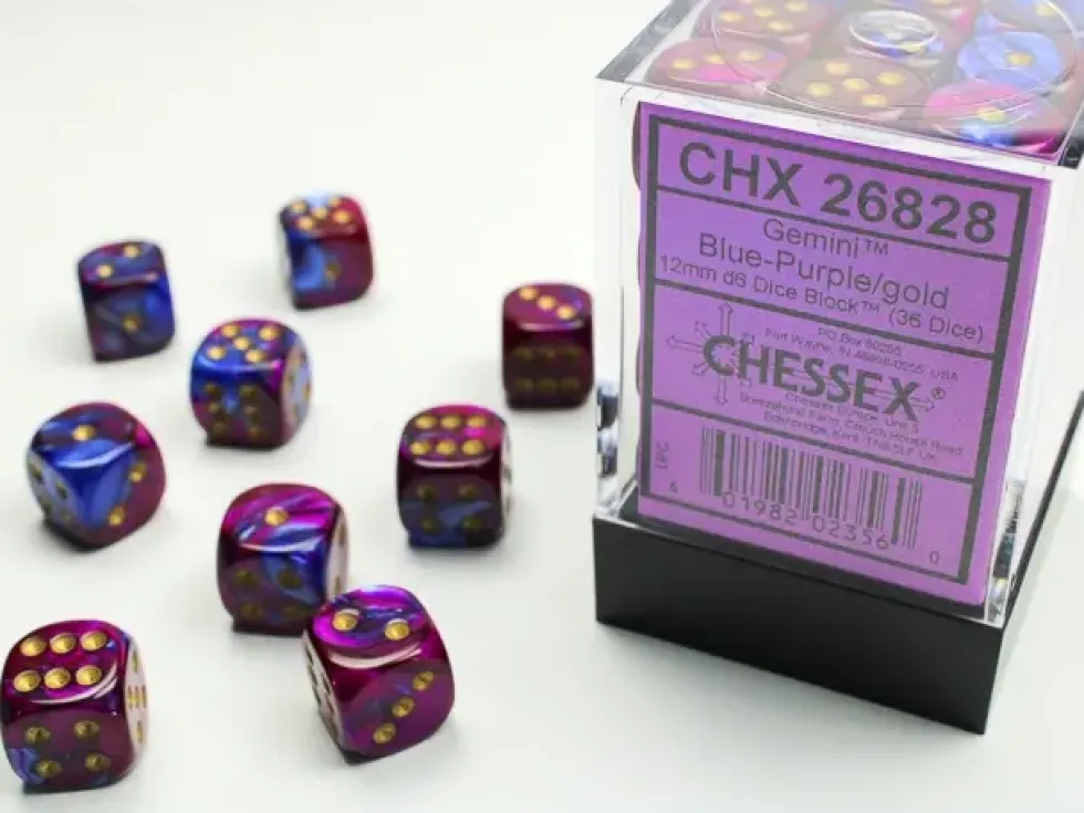 Gemini - Blue-Purple/Gold - d6, 36 st (12 mm, prickar)