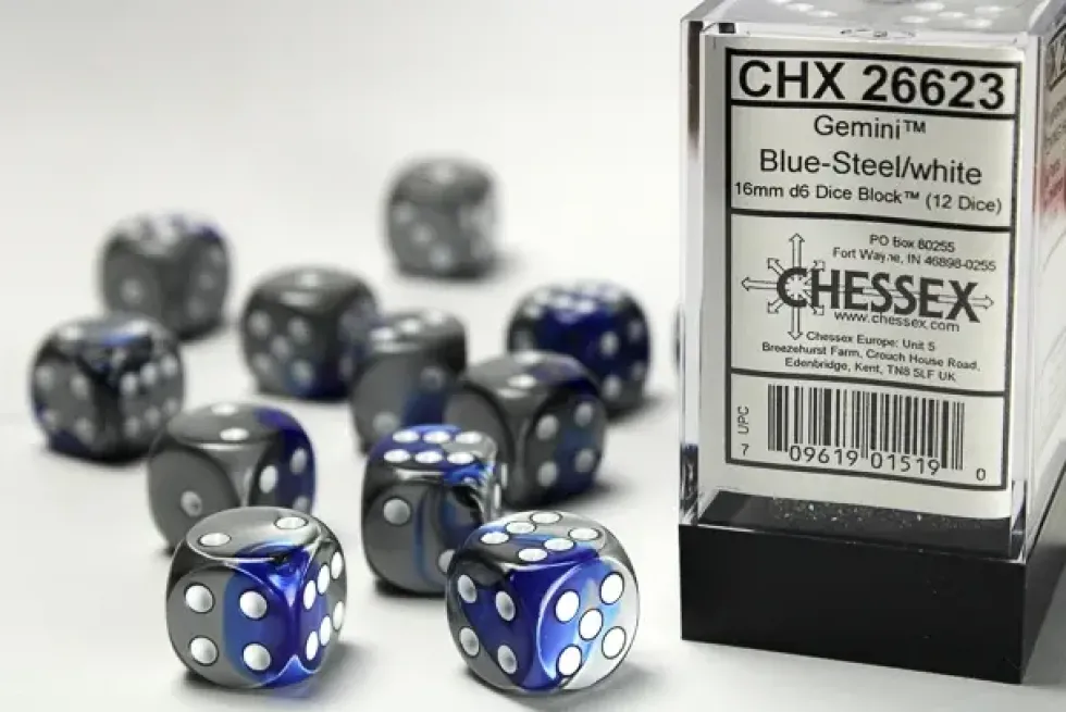 Gemini: Blue-Steel/White - d6, 12st (16 mm, prickar)