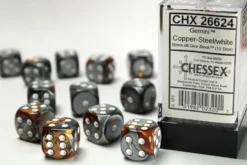 Gemini: Copper-Steel/White - d6, 12st (16 mm, prickar)