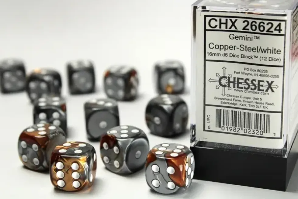 Gemini: Copper-Steel/White - d6, 12st (16 mm, prickar)