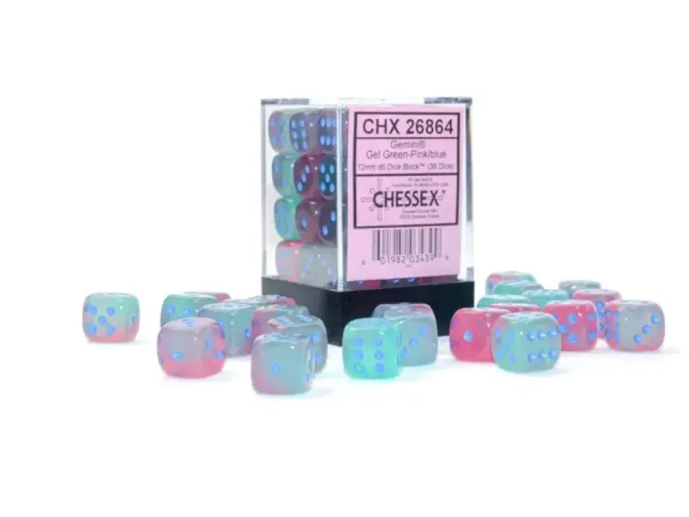 Gemini - Gel Green-Pink/Blue - d6, 36 st (12 mm, prickar)