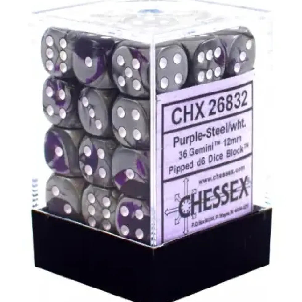 Gemini - Purple-Steel/White - d6, 36 st (12 mm, prickar)
