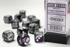 Gemini: Purple-Steel/White - d6, 12st (16 mm, prickar)