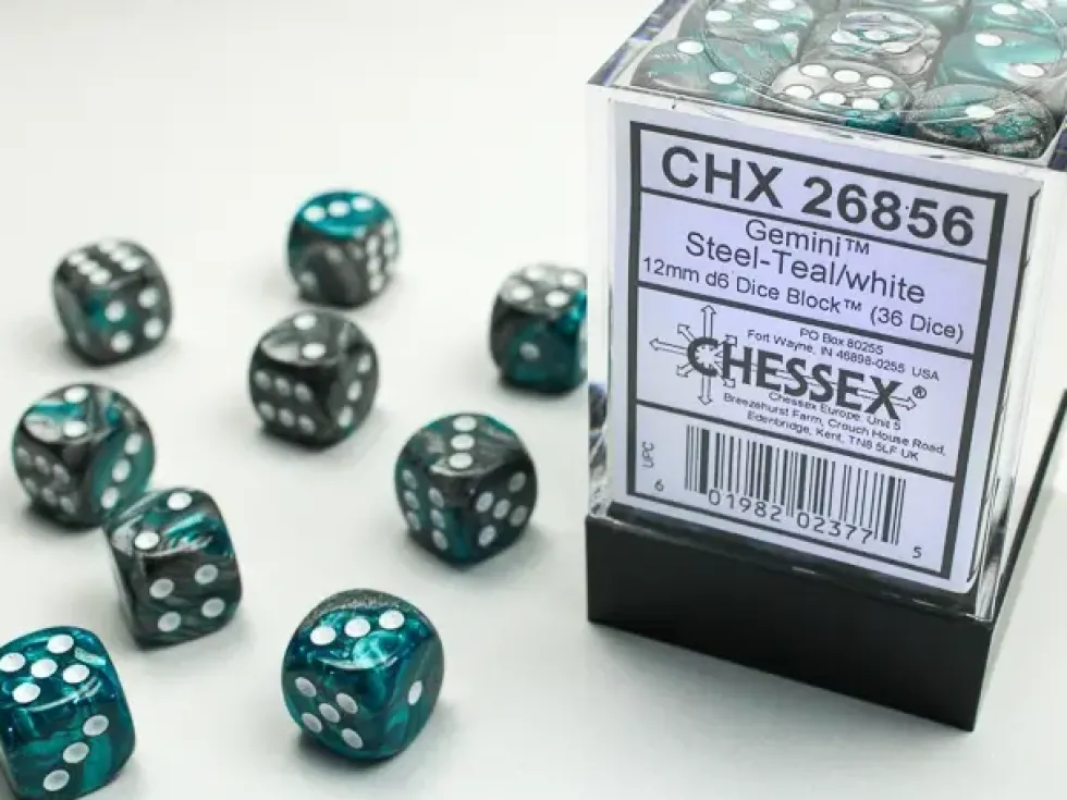 Gemini - Steel-Teal/White - d6, 36 st (12 mm, prickar)