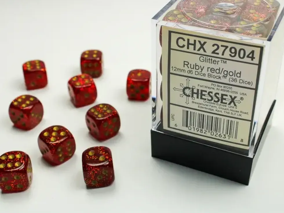 Glitter - Ruby/Gold - d6, 36 st (12 mm, prickar)