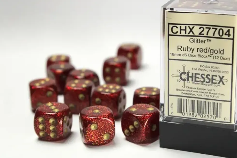 Glitter - Ruby/Gold - d6, 12 st (16 mm, prickar)
