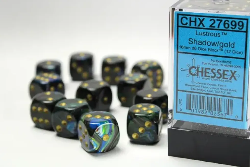 Lustrous - Shadow/Gold - d6, 12 st (16 mm, prickar)