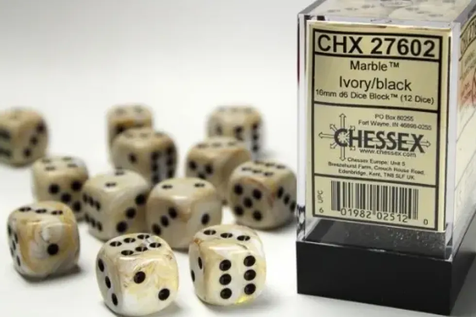 Marble - Ivory/Black - d6, 12 st (16 mm, prickar)