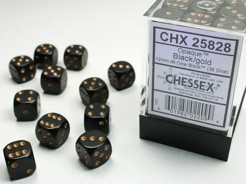 Opaque - Black/Gold - d6, 36 st (12 mm, prickar)