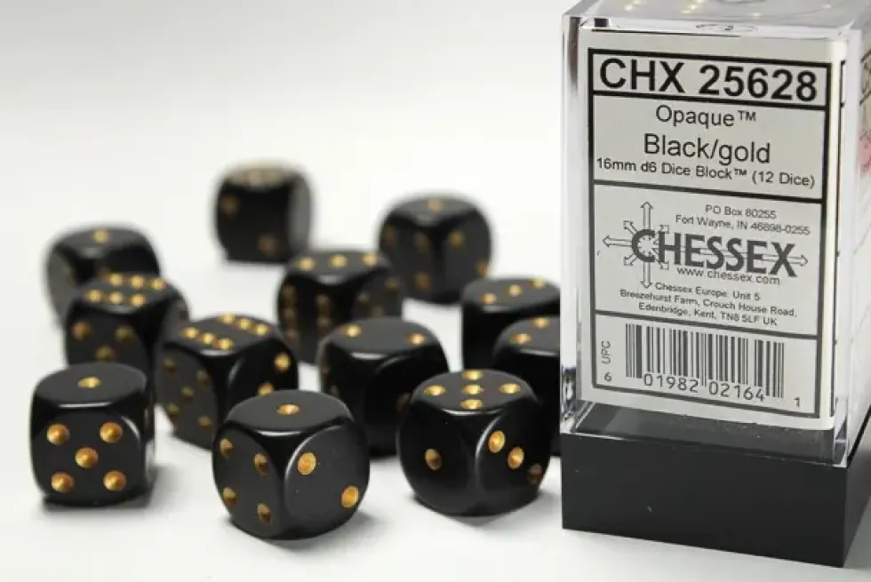 Opaque - Black/Gold - d6, 12 st (16 mm, prickar)