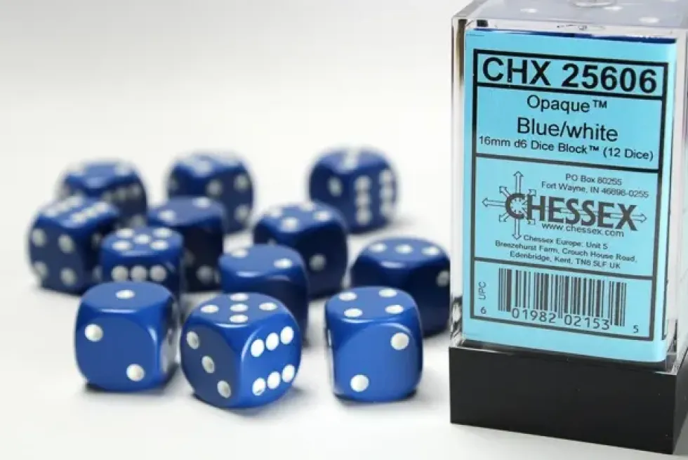 Opaque - Blue/White - d6, 12 st (16 mm, prickar)