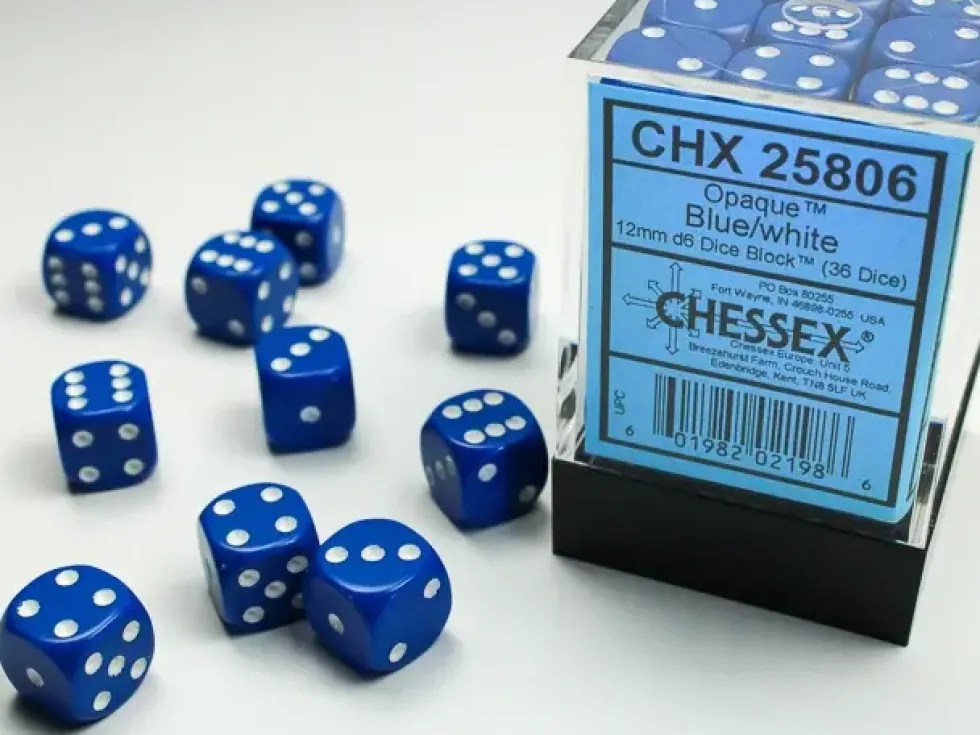Opaque - Blue/White - d6, 36 st (12 mm, prickar)