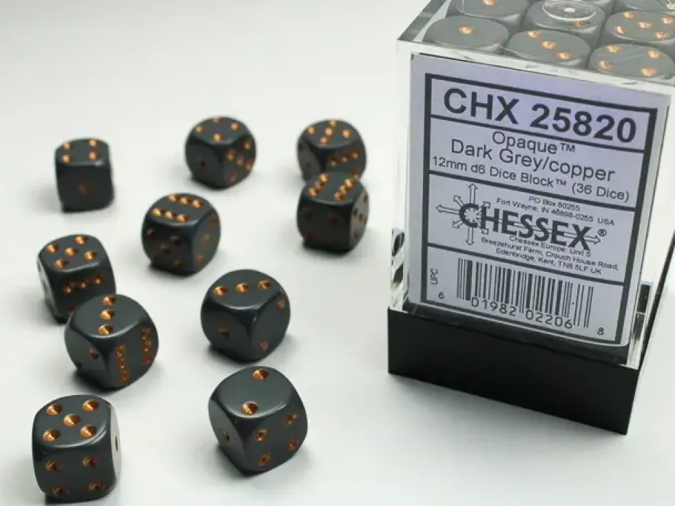 Opaque - Dark Grey/Copper - d6, 36 st (12 mm, prickar)