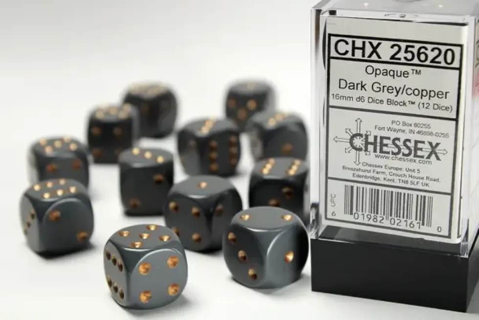 Opaque - Dark Grey/Copper - d6, 12 st (16 mm, prickar)