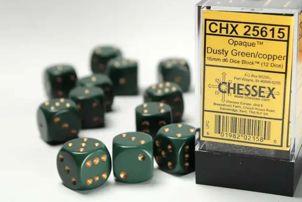 Opaque - Dusty Green/Copper - d6, 12 st (16 mm, prickar)