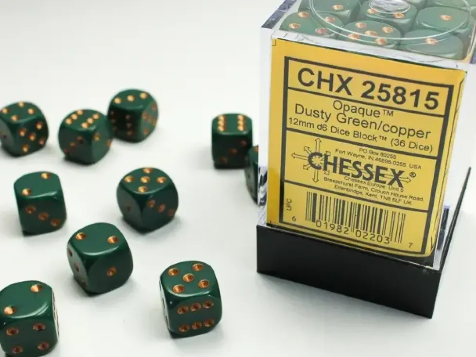 Opaque - Dusty Green/Copper - d6, 36 st (12 mm, prickar)