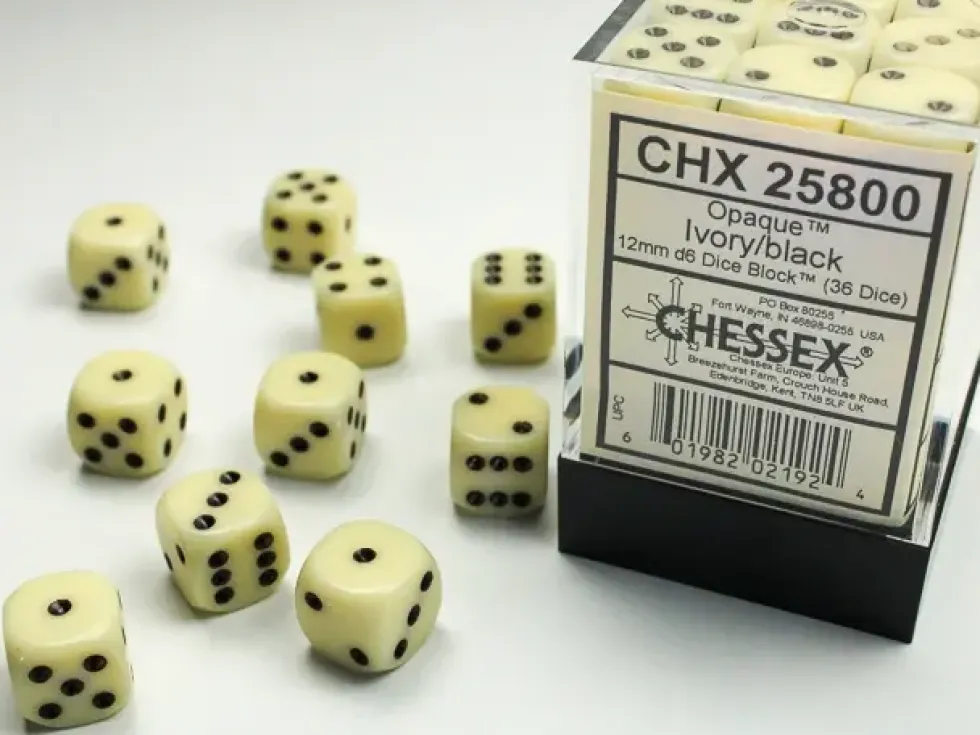 Opaque - Ivory/Black - d6, 36 st (12 mm, prickar)
