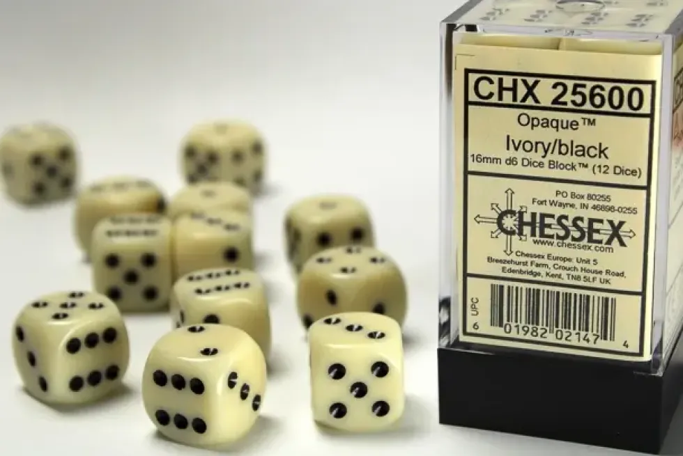 Opaque - Ivory/Black - d6, 12 st (16 mm, prickar)