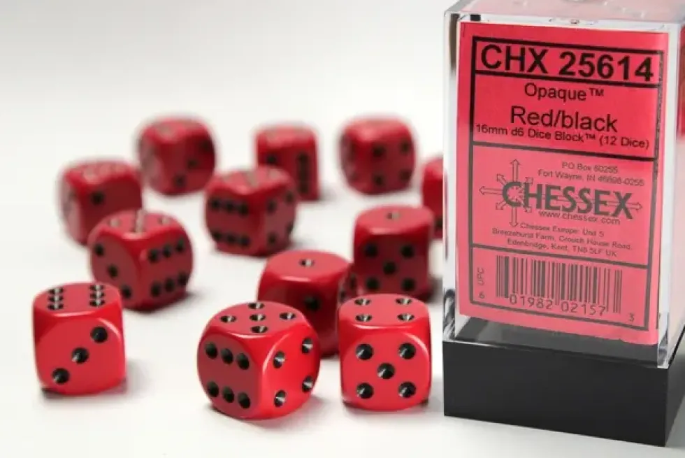 Opaque - Red/Black - d6, 12 st (16 mm, prickar)