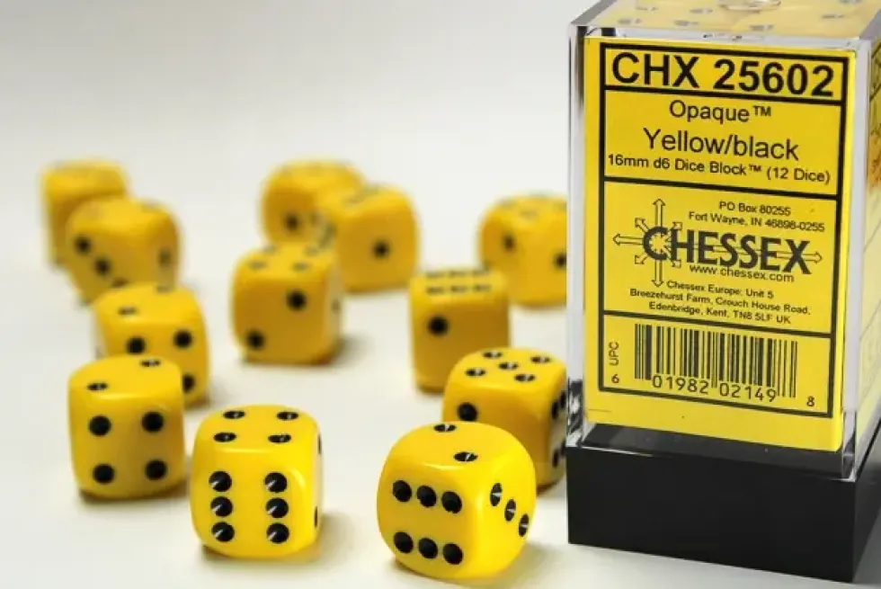 Opaque - Yellow/Black - d6, 12 st (16 mm, prickar)
