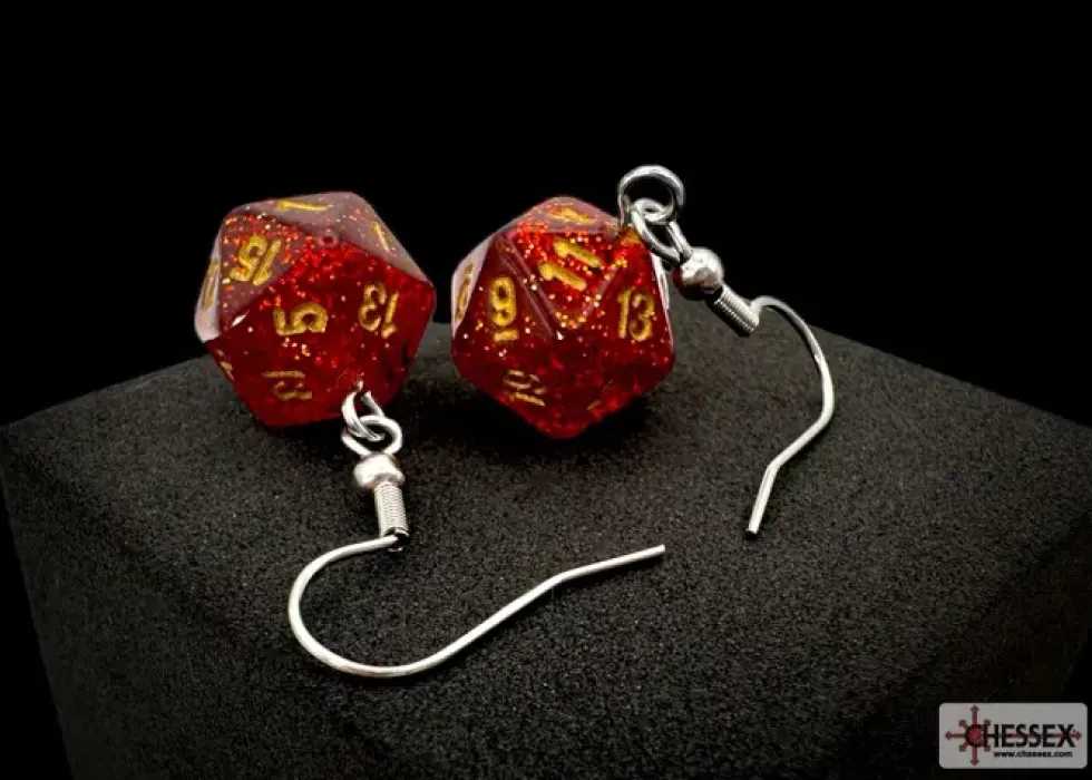 Örhänge: Hook - Glitter Ruby/Gold Mini-Poly D20 (Par)