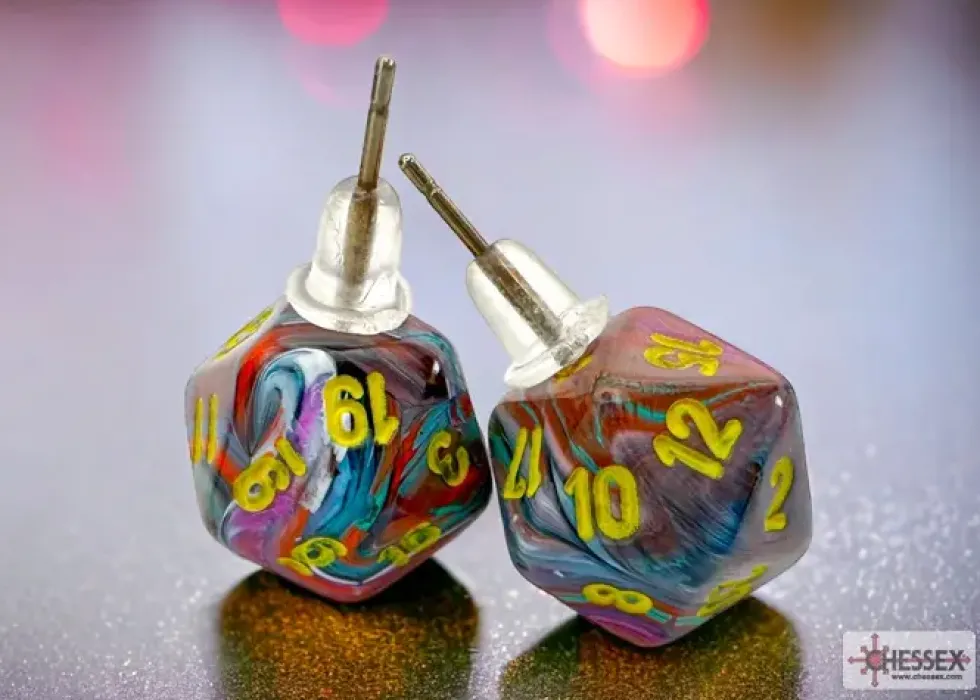 Örhänge: Stud - Festive Mosaic/Yellow Mini-Poly D20 (Par)