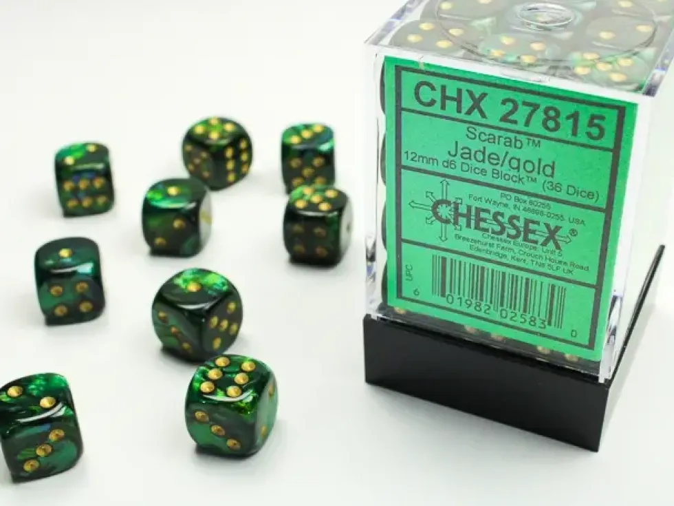 Scarab - Jade/Gold - d6, 36 st (12 mm, prickar)