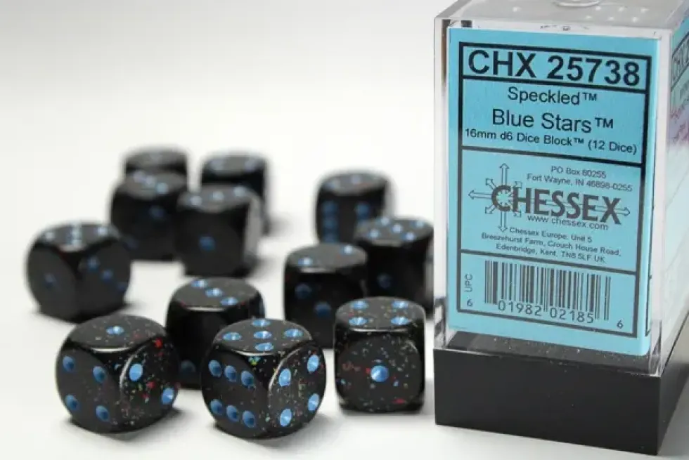 Speckled: Blue Stars - d6, 12 st (16 mm, prickar)