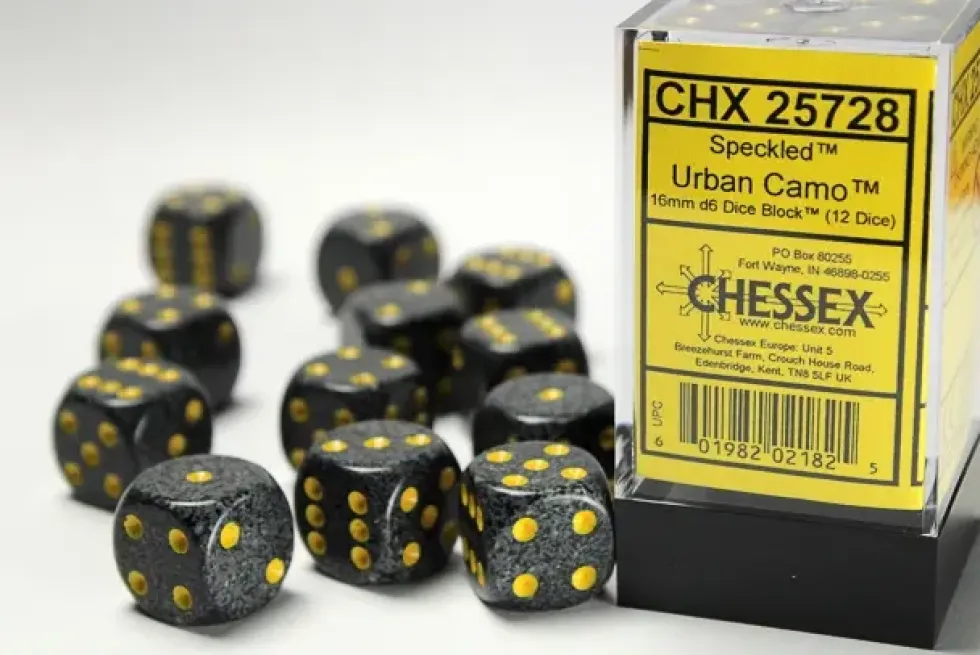Speckled: Urban Camo - d6, 12 st (16 mm, prickar)