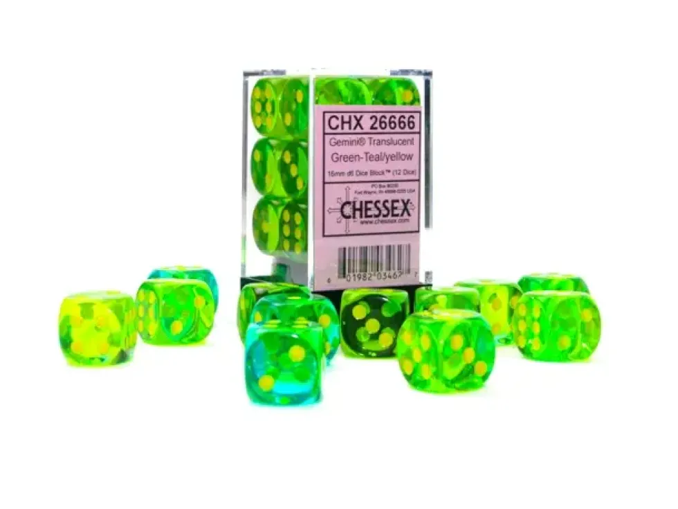 Translucent Gemini: Green-Teal/Yellow - d6, 12st (16 mm, prickar)