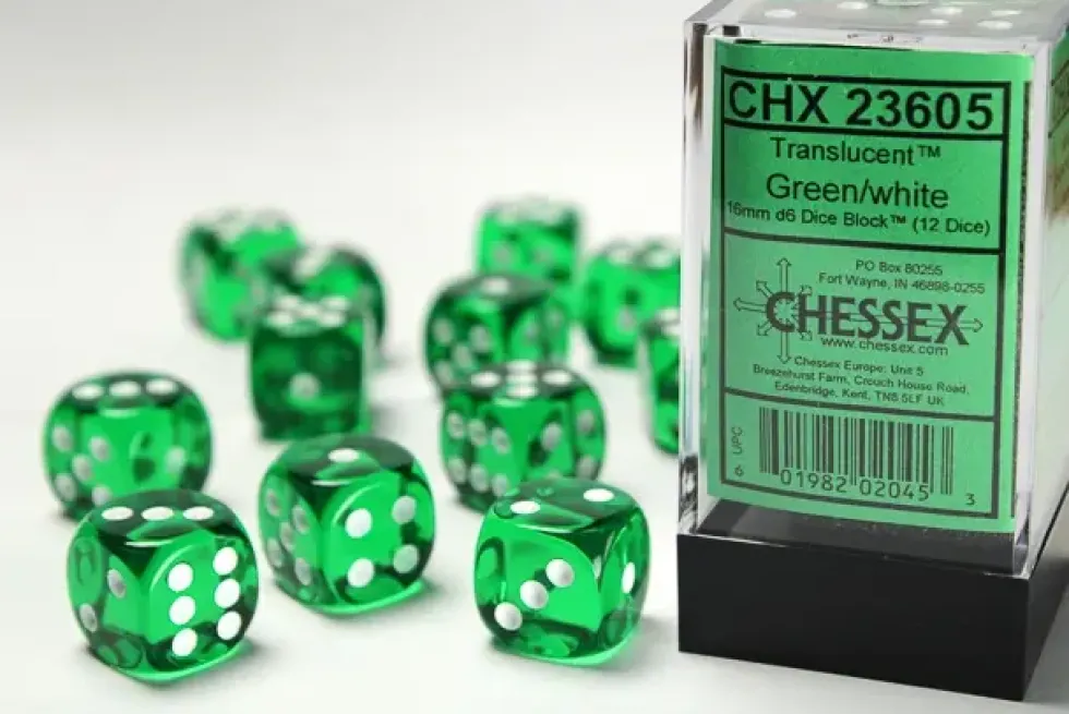 Translucent - Green - d6, 12 st (16 mm, prickar)
