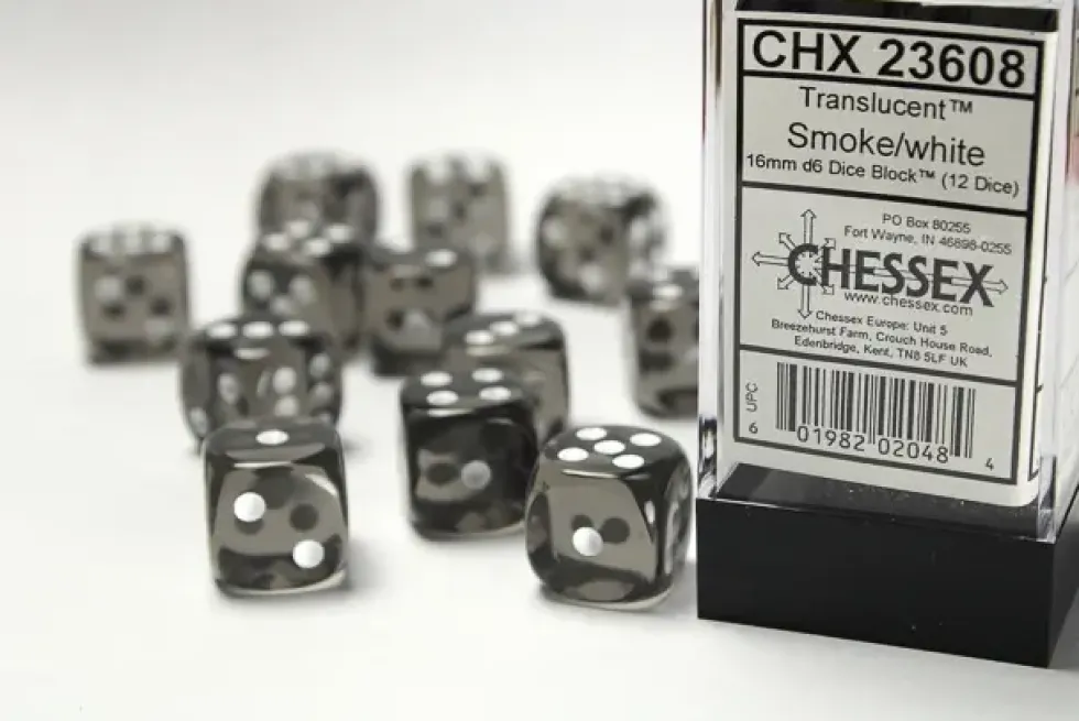 Translucent - Smoke - d6, 12 st (16 mm, prickar)