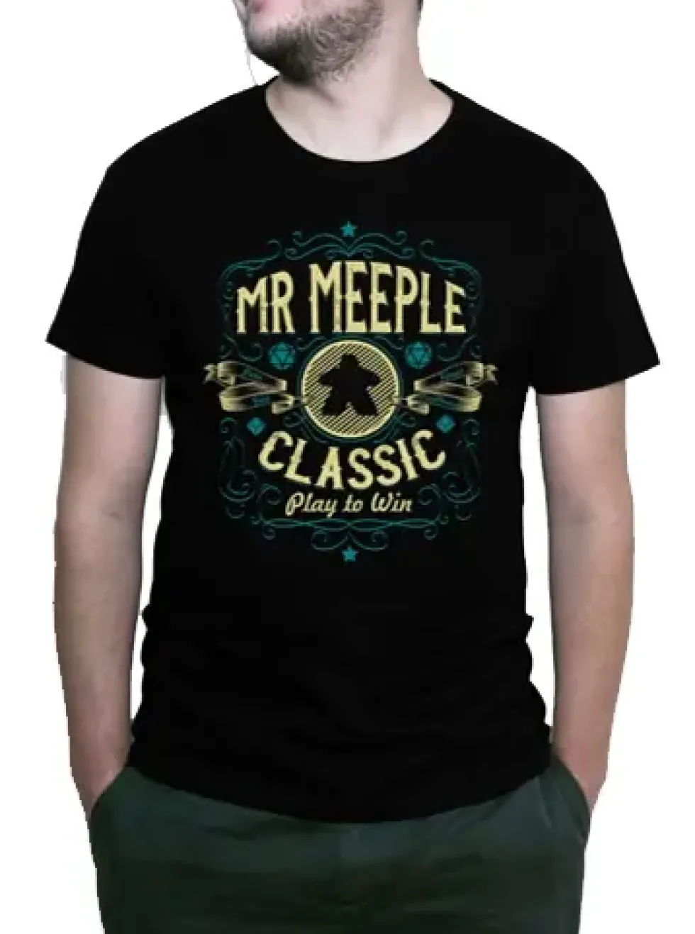 T-shirt: Mr. Meeple - Classic, Play to Win (Black) - X-Large