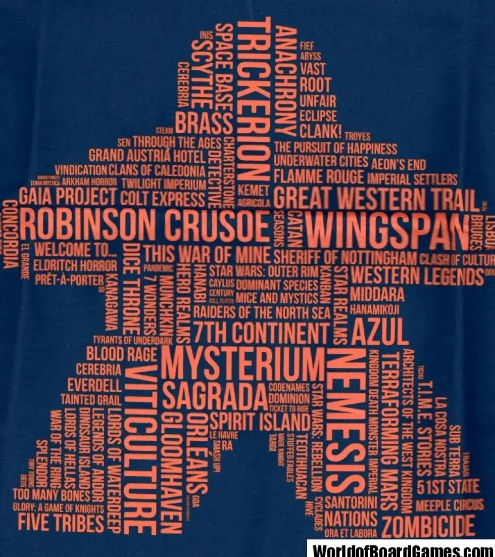 T-shirt: Mr. Meeple - Orange Meeple Wordle, Version 2: Trickerion (Navy) - Medium