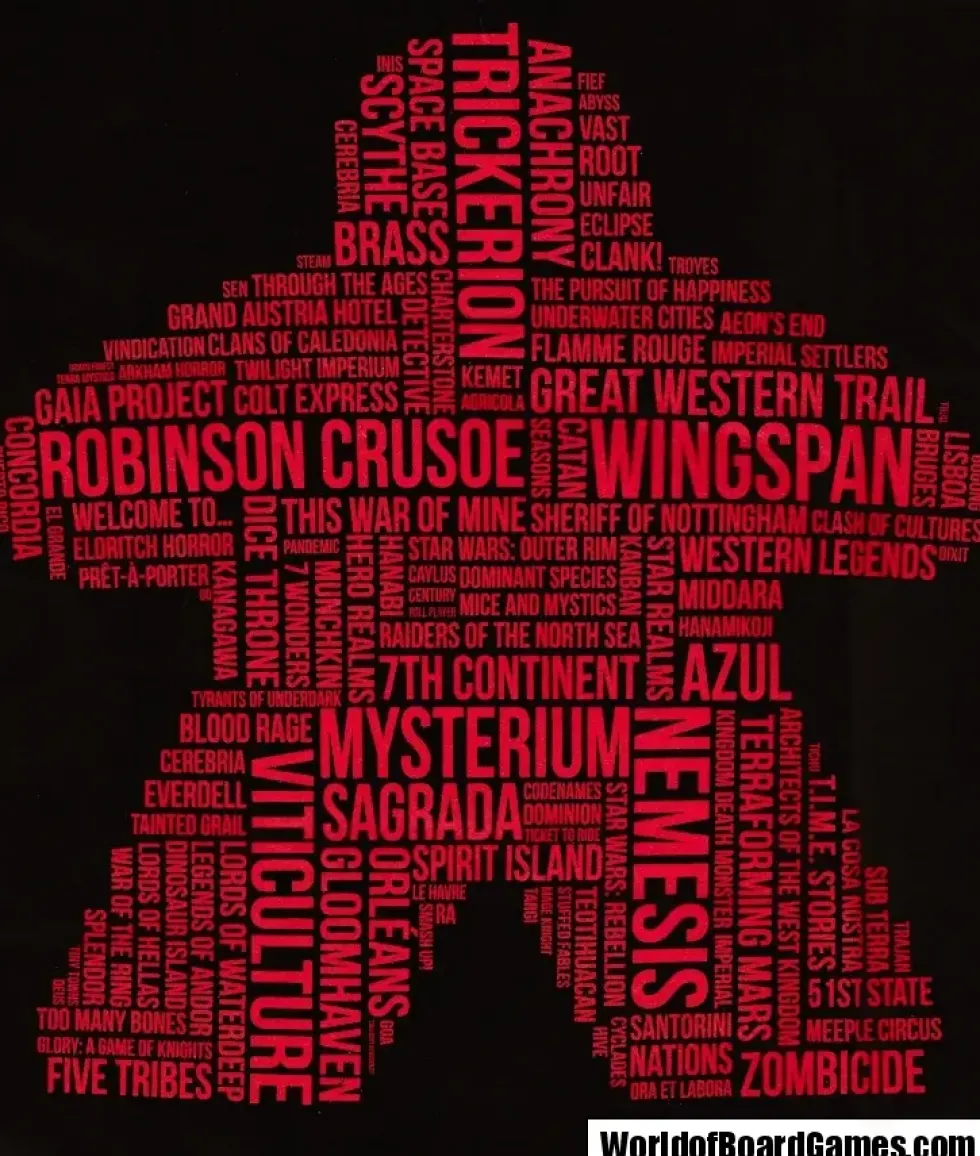 T-shirt: Mr. Meeple - Red Meeple Wordle, Version 2: Trickerion (Black) - 5X-Large