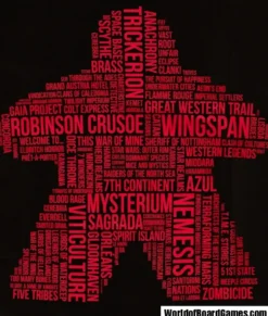 T-shirt: Mr. Meeple - Red Meeple Wordle, Version 2: Trickerion (Black) - Small