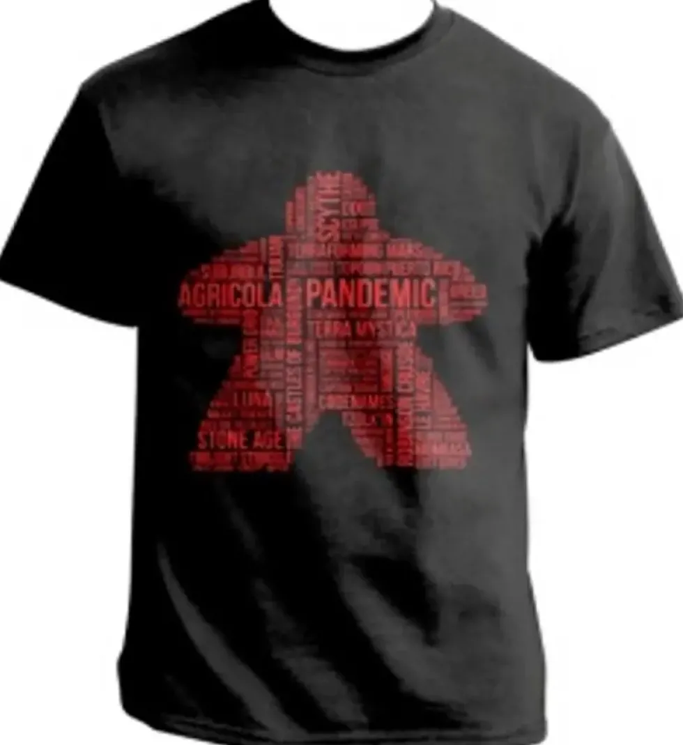 T-shirt: Mr. Meeple - Red Meeple Wordle, Version 3: Scythe (Black) - Small