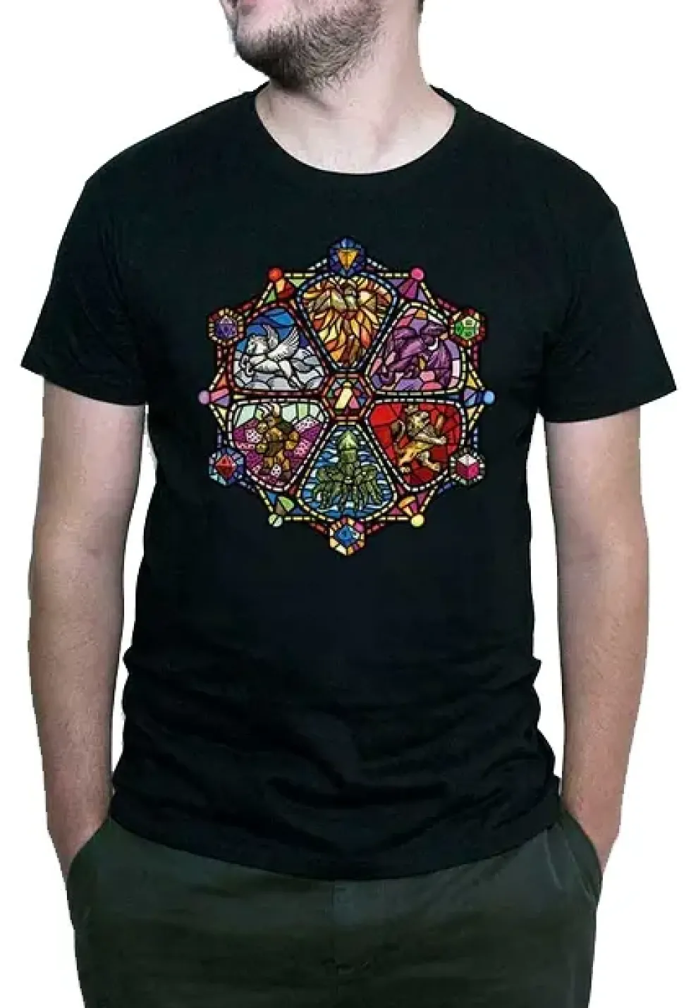 T-shirt: Mr. Meeple - Stained Glass (Black) - Large