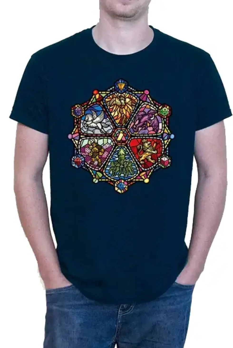 T-shirt: Mr. Meeple - Stained Glass (Navy) - 4X-Large