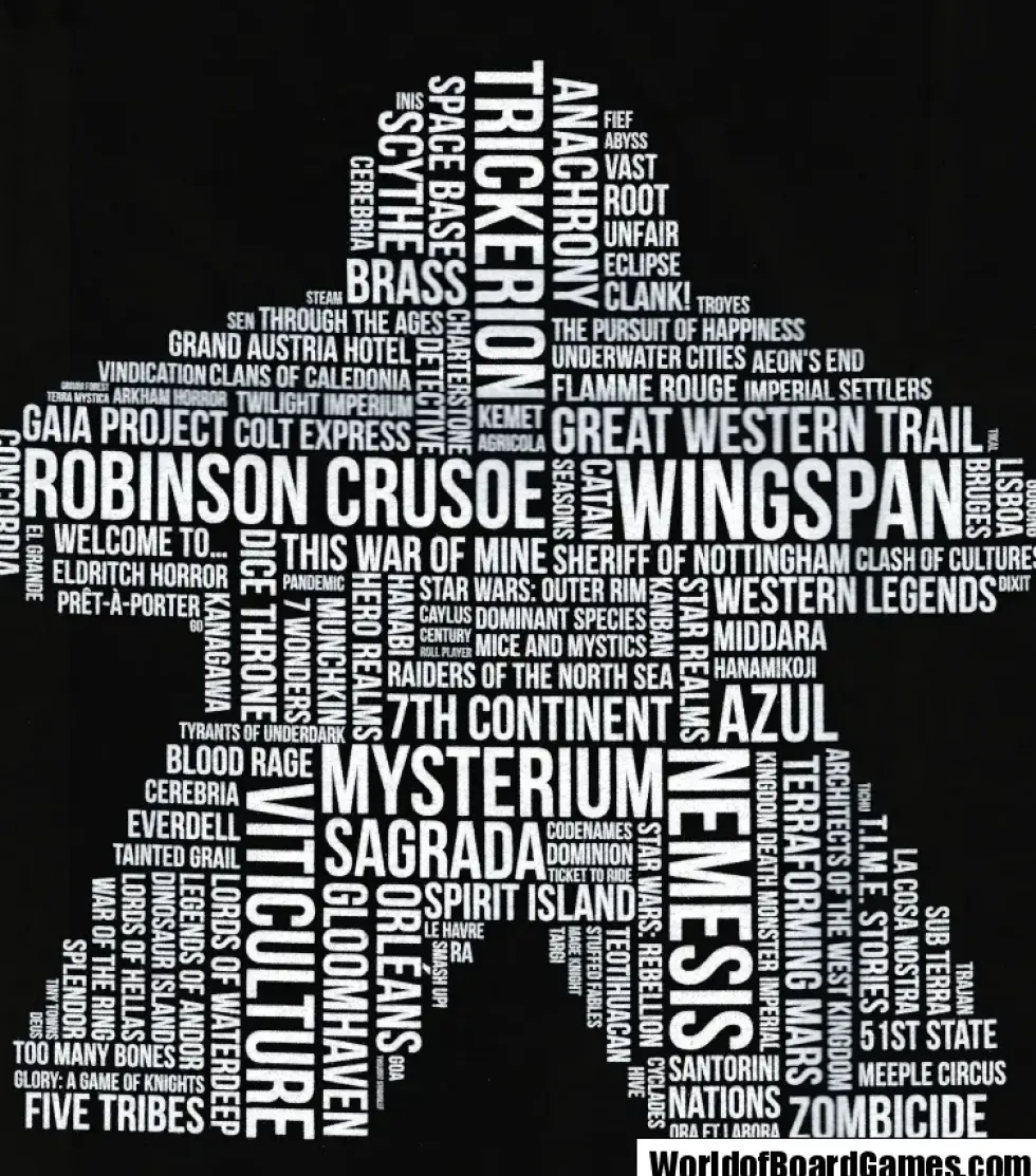 T-shirt: Mr. Meeple - White Meeple Wordle, Version 2: Trickerion (Black) - 4X-Large