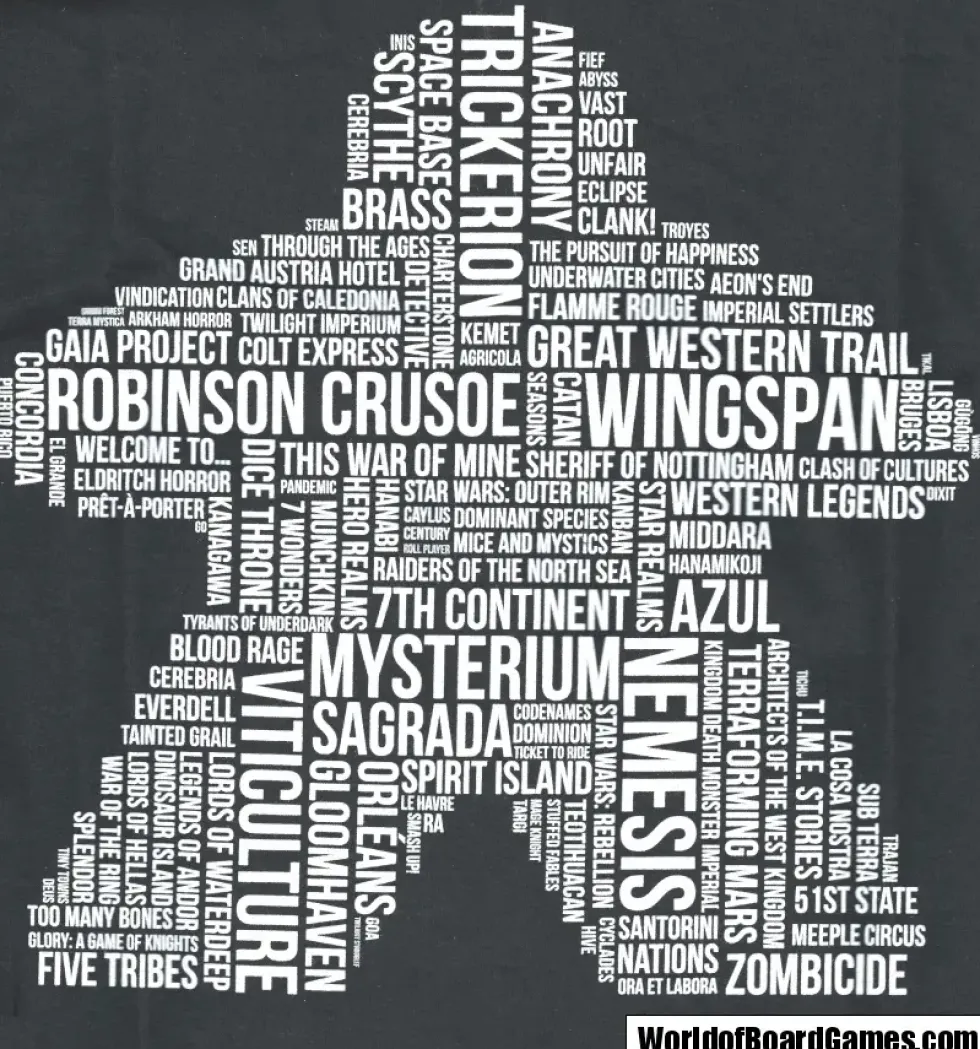 T-shirt: Mr. Meeple - White Meeple Wordle, Version 2: Trickerion (Grey) - Medium