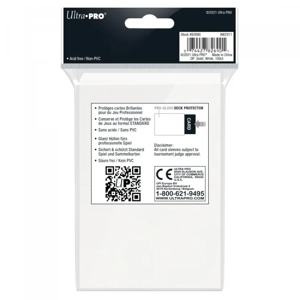 Ultra Pro: PRO-Gloss 100ct Standard Deck Protector sleeves: White (66 x 91 mm)